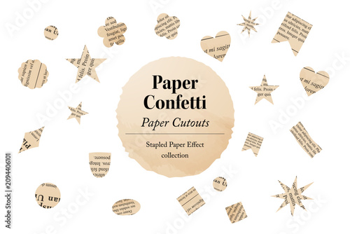 Vintage newspaper confetti elements with handmade paper cutout shapes