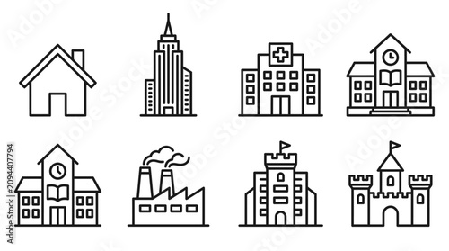 Fotografía Collection of minimal building icons depicting urban and suburban architecture