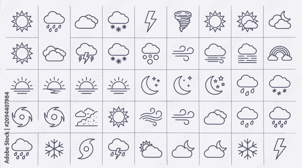 Obraz premium Collection of Line Art Weather Icons for Meteorological Forecasting and Digital Graphics