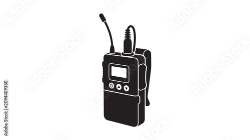 Radio with Antenna and Cord Attached to a Belt Clip Featuring Device, Communication, Gadget with Electronic and Portable Elements