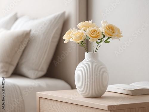 Cream roses in white vase on bedside table in cozy bedroom