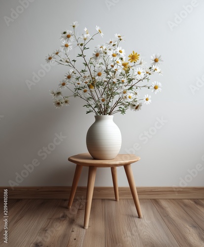 Wildflower bouquet in ceramic vase on wooden stool