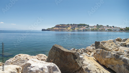 This is a panoramic photo in Greece. On the island of Lesbos, you have the beautiful castle of Mytilene, also called the fortress of Mytilene.