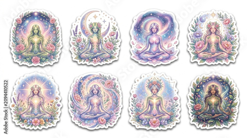 Set of eight colorful spiritual goddess illustrations featuring meditation poses and vibrant backgrounds for wellness and mindfulness themes