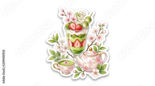 Delicious layered strawberry and green tea parfait with fresh cherry blossoms and teapot on white background
