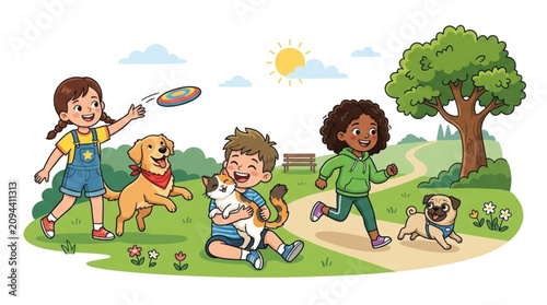 children playing with dogs in a park outdoor scene kids fun nature bright colorful cheerful lively activity