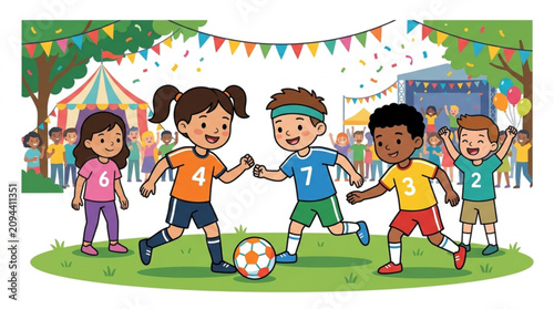 Children Playing Soccer Girls and Boys Kids Sports Game Festive Outdoors Park Recreation Fun