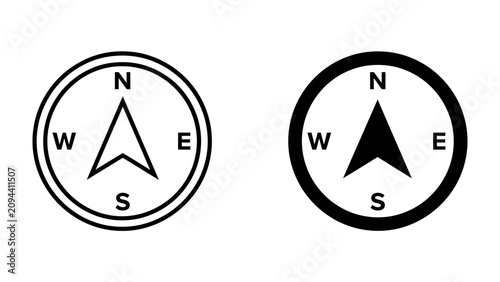 Obraz na płótnie Compass Navigation Icons: Two circular compass icons, one outlined and one bold, clearly display directional points: North, South, East, and West, serving as a navigational aid