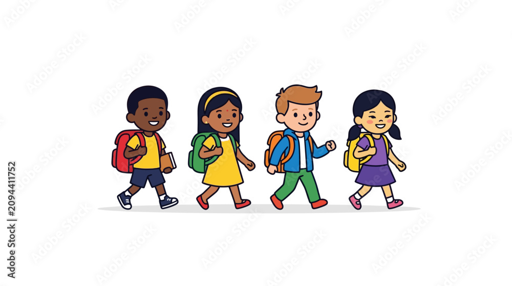 Fototapeta premium Diverse School Children Walking Vector Illustration