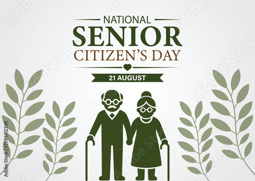 National Senior Citizens Day Poster with Elderly Couple, Walking Stick, Leaf Frame, August 21 Celebration, Respect and Care for Seniors, Green Vector Illustration