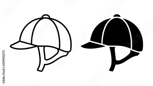 Bild auf Leinwand Equestrian Helmet Icons: Two distinct equestrian helmet designs, one in outline and one in solid black, presented side-by-side for comparison, representing safety and sport