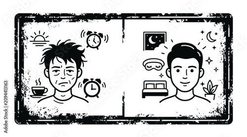 Before and After Sleep: Tired vs. Refreshed Person, Morning Coffee vs. Night Rest