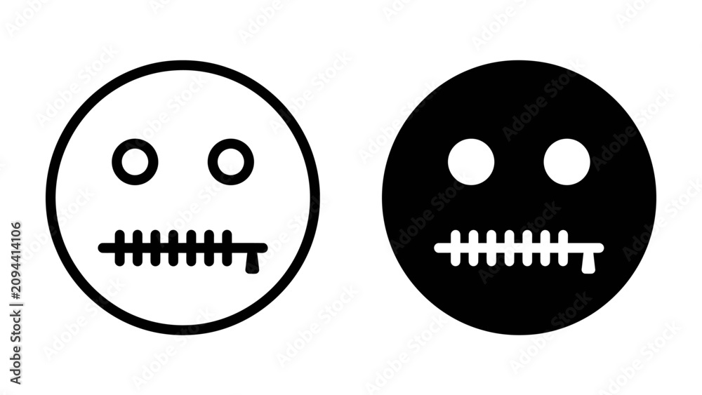 Αυτοκόλλητο Silence Emoticons: Two stylized emoticons, one white and one black, depict a zipped mouth, symbolizing silence, secrecy, or keeping quiet