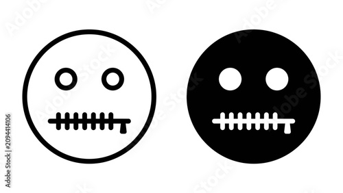 Foto Silence Emoticons: Two stylized emoticons, one white and one black, depict a zipped mouth, symbolizing silence, secrecy, or keeping quiet