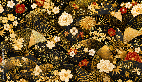 黒と金を基調とした豪華な和風の花と扇の伝統模様｜高級感あふれる華やかな和柄背景