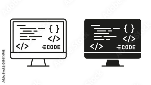 Принти на полотні Code on Screen: Two computer monitors displaying programming code, one in an outline style and the other in a solid black silhouette, representing software development and digital technology