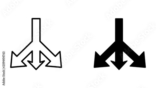 Cuadro en lienzo Branching Arrows: Two stylized arrow icons, one outlined and one solid black, show a central stem splitting into three divergent paths, representing choice, direction, and divergence