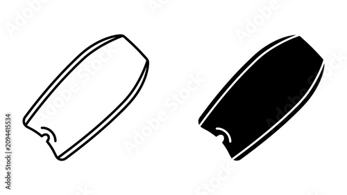 Bild auf Leinwand Bodyboard Icons: A simple graphic representation of two bodyboards, one in outline and the other in solid black, symbolizing surfing and water sports