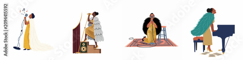 Photography Elegant illustrations of a glamorous Black female jazz singer and pianist performing on stage in various stylish outfits and vintage settings