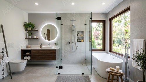 A modern, minimalist bathroom with a glass shower enclosure, a freestanding bathtub, and a large window overlooking a garden. 