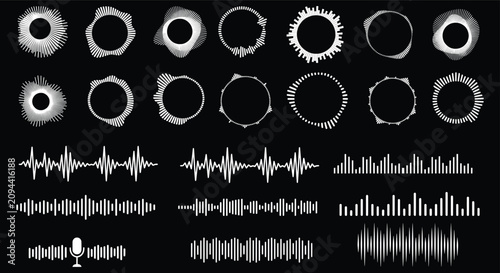 Tableau sur toile Digital sound wave collection, circular audio equalizer set in white on black, 2