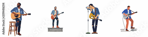 Konstfotografi Set of diverse male musicians and singers performing with acoustic and electric guitars in various musical styles, flat vector illustration on white background