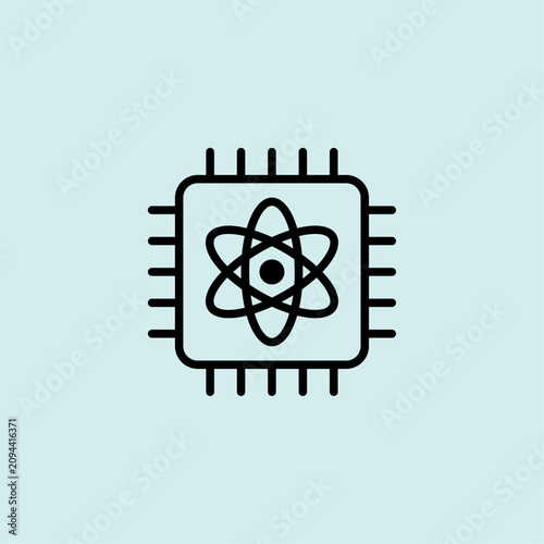 A minimalist icon of a processor chip with an atom symbol, representing quantum computing and high-speed processing.
