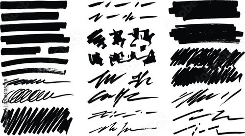 Foto Hand drawn marker strokes and scribbles, black ink brush textures on white backg