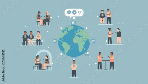 People from different parts of the world using tablets and smartphones to connect and communicate around a global map.