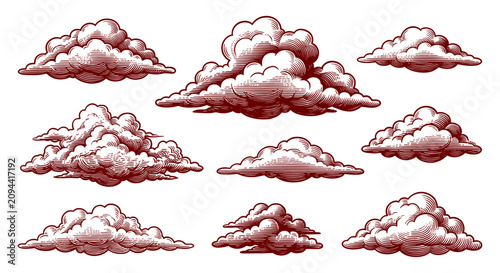 Bild auf Leinwand Vintage engraved cloud set, 9 hand-drawn aesthetic clouds with crosshatch shadin