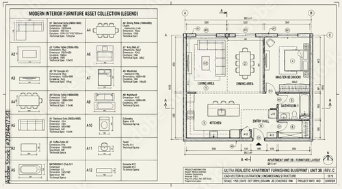Bilde på lerret Architectural floor plan of a modern apartment unit with furniture legend