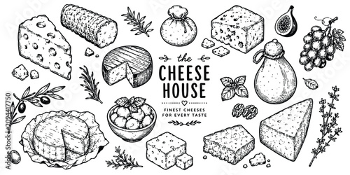 Engraved organic artisan cheese collection with various dairy products and herbs.