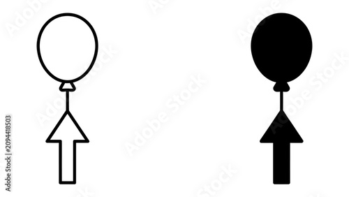 Billede på lærred Balloons with Arrows: Two simple graphic icons, one in white and one in black, each featuring a balloon tethered to an upward-pointing arrow, symbolizing aspiration and progress