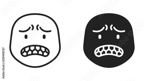 Obraz na płótnie Worried Faces: Two simplistic, graphic representations of a face expressing worry or anxiety, one outlined in black and the other a solid black silhouette