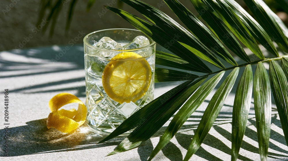 Naklejka premium Cool drink with lemon peel sat on table near bright green leaves, making a chill island feeling.