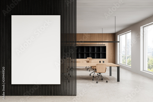 Large interior poster mockup on modern office wall featuring clean empty design with bright backdrop and abstract layout for spacious presentation needs. 3D Rendering