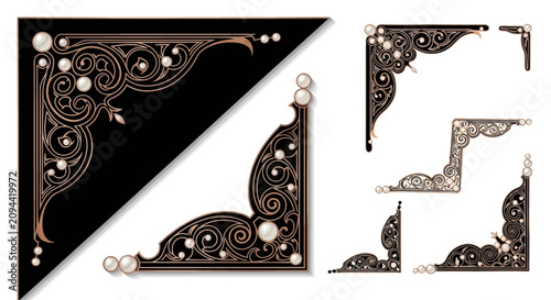 Elegant Corner Ornaments: Decorative Borders with Pearls and Swirls