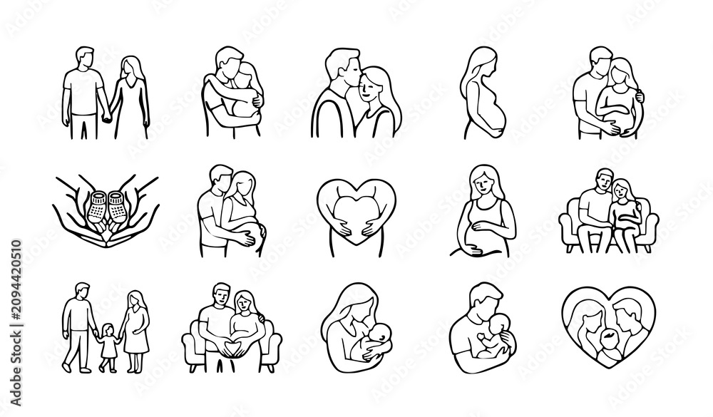 Fototapeta premium Happy Couple and Maternity Line Art Mega Bundle with Husband Wife Pregnancy Family Love Outline Vector Collection