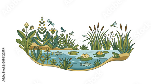 Bild auf Leinwand Vibrant Pond Ecosystem: Dragonflies, Fish, Frogs, and Water Lilies in a Lush Wet