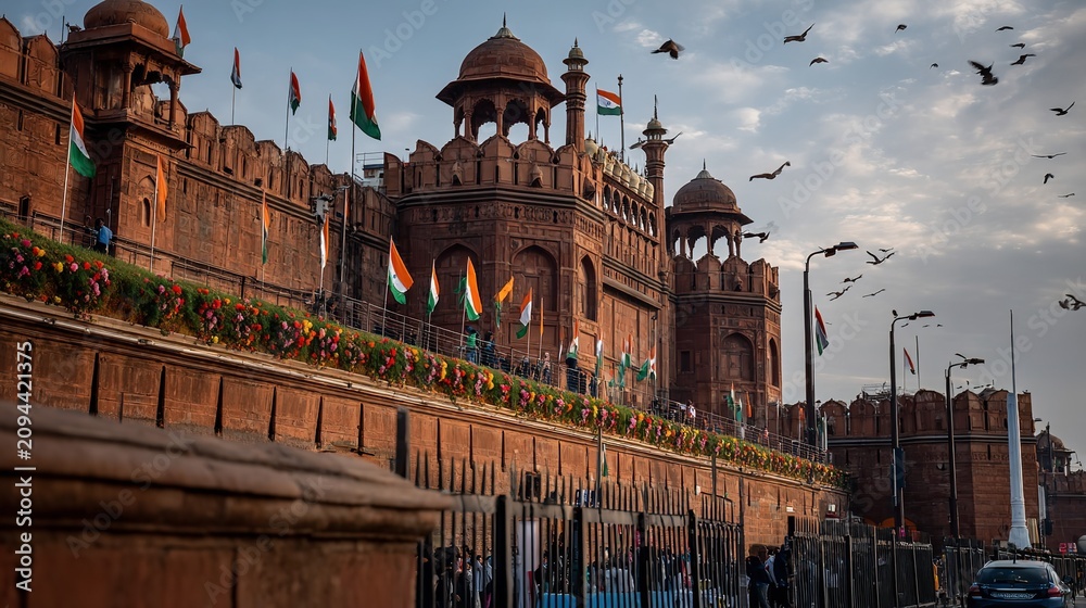 Obraz premium India's Red Fort decorated with flags and flowers under a flock of birds