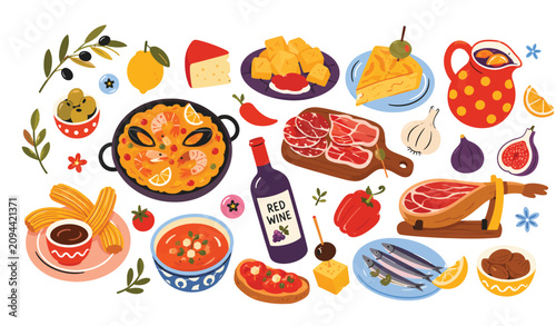Traditional Spanish Cuisine And Tapas Table Elements Pack.