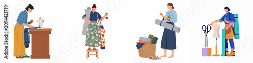 Photos Flat illustration of female tailors and dressmakers working with sewing machines, fabrics, and mannequins in a creative fashion design studio