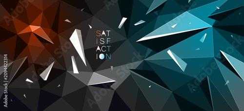 Foto Dark polygonal vector abstract background with color spotlights, low poly surface with explosion of flying debris particles, 3D dynamism broken structure, motion force elements