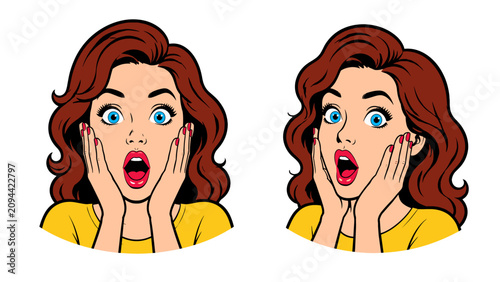 Obraz na płótnie Pop art style woman with surprised expression in two poses