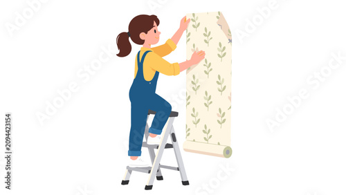 Canvastavla Woman on stepladder hanging patterned wallpaper roll
