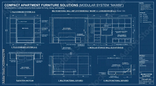 Foto Blueprint technical drawings of multifunctional compact apartment furniture