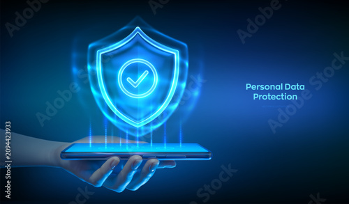 Personal data protection concept. Hand holding smartphone with holographic security shield and check mark. Mobile privacy, cybersecurity, secure authentication, digital identity. Vector illustration.