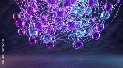 Glowing purple and blue network spheres. Interconnected nodes forming a web. Futuristic technology concept.