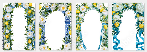 Photos Watercolor archways featuring blooming pale blossoms, ripe yellow citrus fruits,