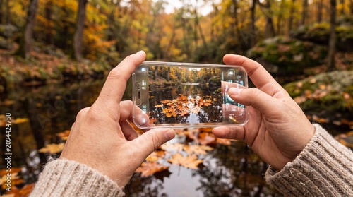 Autumn photography, hands holding abstract smartphone and taking picture of orange leaves on pond